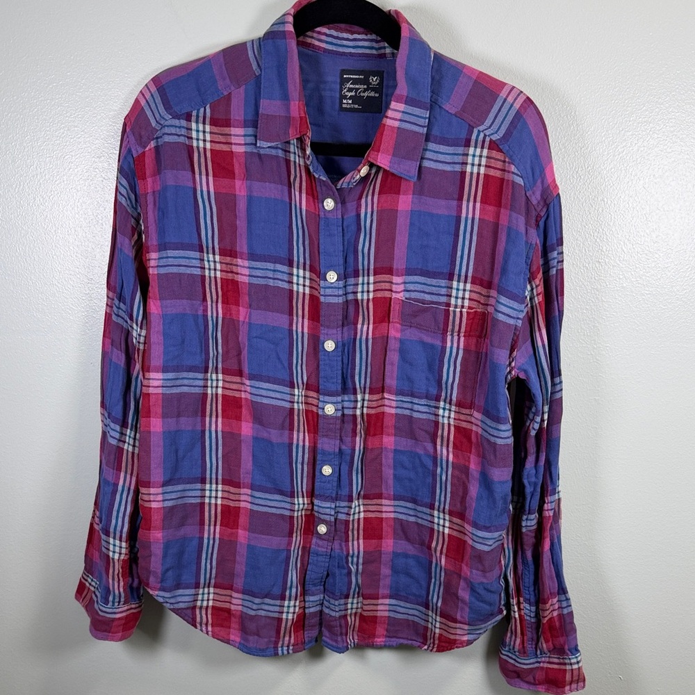 American Eagle Outfitters Plaid Boyfriend Fit Shirt - Blue and Pink Sz M